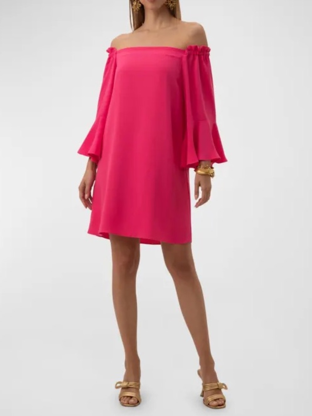 Trina Turk Knox Off-Shoulder Bell Sleeve Crepe Dress Pink Ruffle Neck NWT 🩷